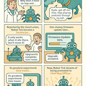 Puede incluir: Una historieta sobre Robot Tick, un robot verde. Los paneles muestran al robot en diversas situaciones, incluyendo una actualización de firmware y viajes en el tiempo. Los bocadillos expresan los pensamientos y aspiraciones del robot.