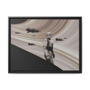 May include: A framed canvas print featuring a futuristic scene. A silver robot stands on a dark surface, with spacecraft flying in the background against a swirling, sepia-toned backdrop. The artwork is enclosed in a black frame.