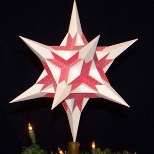 Christmas tree topper, multifaceted red and white 12 point star with 240 faces