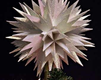 Handmade white glittered paper Christmas tree topper with 300 faces and 140 points