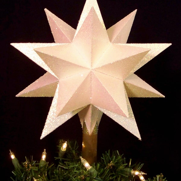 9" Christmas tree topper, handmade white glittered paper with 60 faces and 20 points