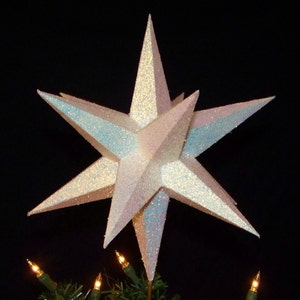 10" White gold glittered Christmas tree topper star, 12 point star