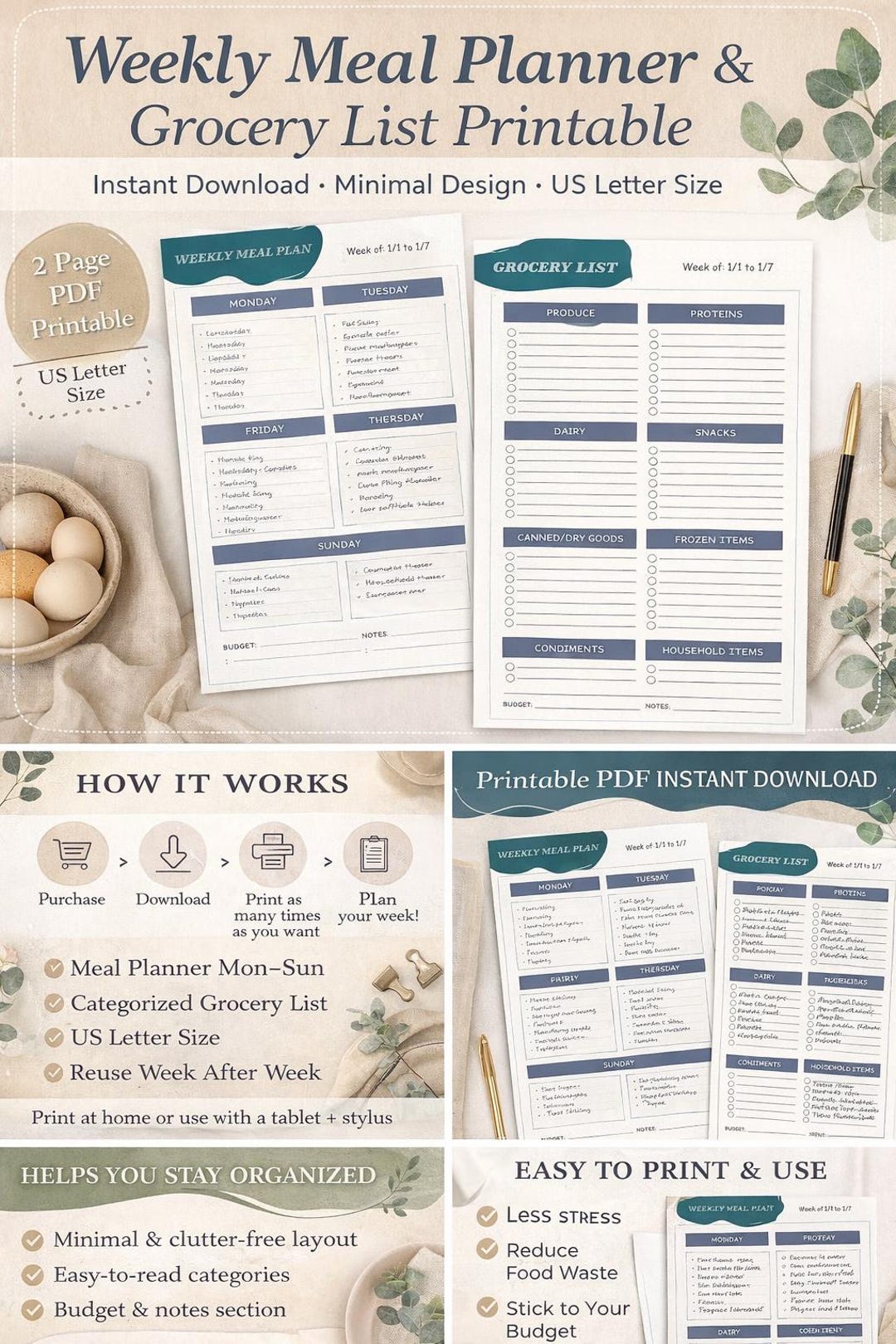 Weekly Meal Planner Printable | Minimal Grocery List (instant Download ...