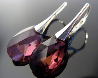 Lilac Shadow Crystal Earrings · Swarovski Drop Dangles · 925 Sterling Silver Leverbacks · Sparkly Purple Jewelry