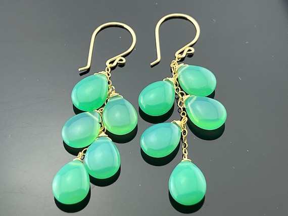 Green Chalcedony Cascade · 14K Gold Filled or 925 Sterling Silver · Long Dangle Earrings