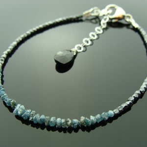 Black Silver & Blue Raw Diamond Bracelet · 925 Sterling Silver · Rough Uncut Diamonds · Handmade Gift for Her