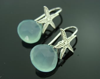 Brincos de estrela-do-mar em calcedônia azul-água · Prata esterlina 925 · Joias de praia e oceano