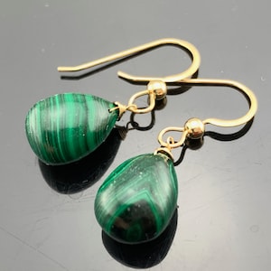 Malachite Smooth Drop Earrings · 14K Solid Yellow Gold · Luxe Green Gemstone Jewelry · Elegant Handmade Gift for Her