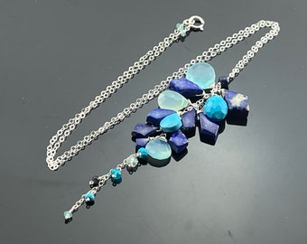 Aqua Blue Chalcedony Lapis Lazuli Turquoise Aquamarine Apatite Iolite Cascade 925 Sterling Silver Cascade Necklace Gift