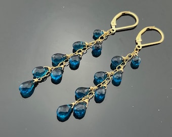 London blue topaz · cascade earrings · 14k gold filled or sterling silver · dangle leverbacks