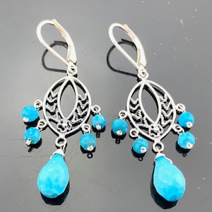 Turquoise Chandelier Earrings · 925 Sterling Silver Leverbacks · Boho Blue Gemstone Dangles · Handmade Gift for Her