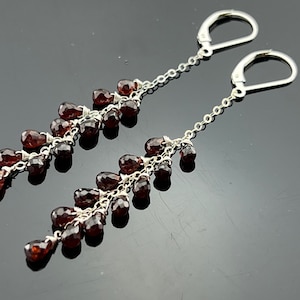 Genuine Garnet · Long Dangle Earrings · 925 Sterling Silver or 14K Gold Filled · Leverback Style · January Birthstone · Gift for Her