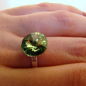Peridot Swarovski Ring · 12mm Rivoli Crystal · Sterling Silver · Size 7.5 · Green Sparkle Jewelry · Statement Ring · Gift for Her