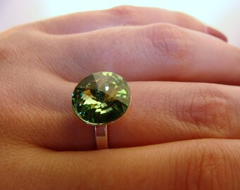 Peridot Swarovski Ring · 12mm Rivoli Crystal · Sterling Silver · Size 7.5 · Green Sparkle Jewelry