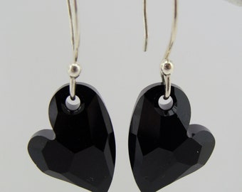 Swarovski Crystal Jet Black Heart Sterling Silver Earrings  Gift