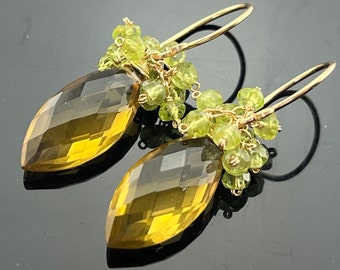 Honey Quartz and Peridot 925 Sterling Silver or 14K Gold Filled Cluster Earrings  Gift