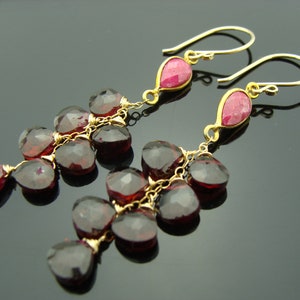 Ruby and Garnet 14K Gold Filled Earrings · Red Gemstone Cluster Drops · Handmade Dangle Earrings Gift for Her