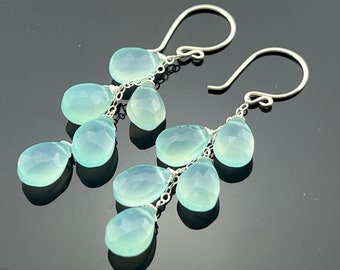 Aqua Blue Chalcedony Cascade 925 Sterling Silver or 14K Gold Filled Earrings  Gift