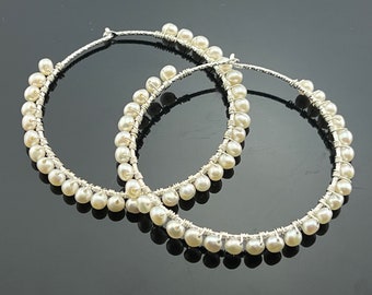 White Freshwater Pearls Large 925 Sterling Silver Hoop Earrings  Gift