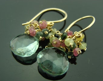 Green Quartz & Watermelon Tourmaline · Cluster Earrings and Matching Necklace · 14K Gold Filled or Sterling Silver