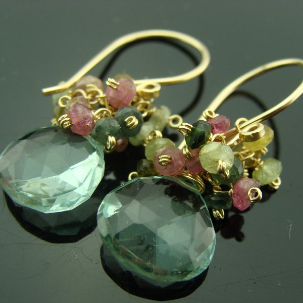 Green Quartz and Watermelon Tourmaline 14K Gold Filled Cluster Earrings  Gift