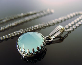 Faceted Sky Blue Chalcedony Bezel Set Sterling Silver Pendant  Gift