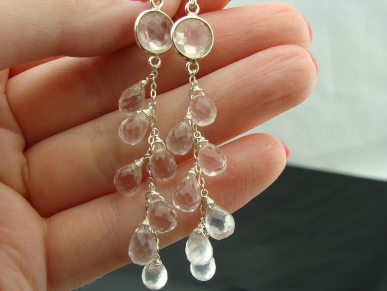 Rose Quartz 925 Sterling Silver Cascade Gemstone Earrings Gift image 4