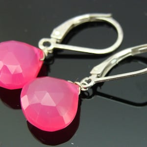 Hot Pink Chalcedony Drop Earrings · 925 Sterling Silver Leverback · Bright Gemstone Jewelry · Pink Dangle Earrings Gift for Her