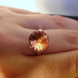 Rose Peach Rivoli Ring · Swarovski 12mm Crystal · 925 Sterling Silver Jewelry · Size 7.5 Statement Ring · Gift for Her