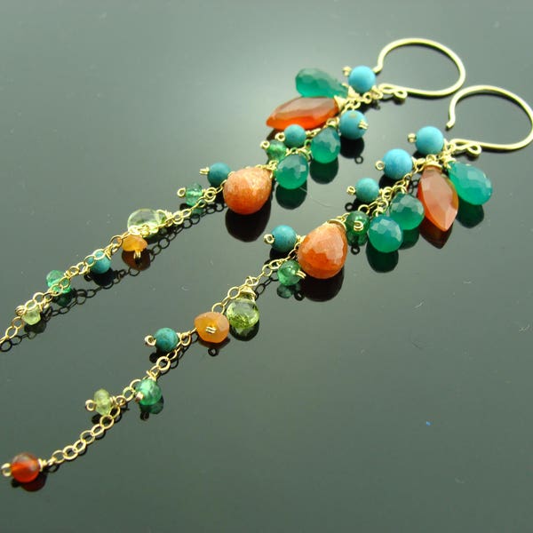 Long Green Onyx Peridot Carnelian Turquoise Sunstone Drop Dangle 14K Gold Filled Earrings  Gift