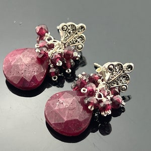 Ruby & Garnet · Filigree Cluster Studs · 925 Sterling Silver · Post Earrings · Gemstone Jewelry · Gift for Her · Handmade