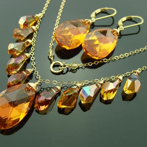 Swarovski Crystal Orange Astral Pink Jewelry Set · 14K Gold Filled Earrings & Necklace · Sparkling Gift for Her