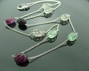 Long Carved Fluorite Sterling Silver Necklace  Gift