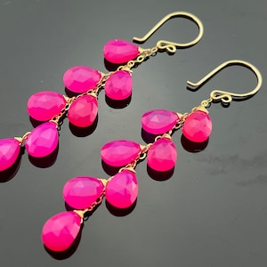 Hot Pink Chalcedony · Cascade Earrings · 14k Gold Filled or Sterling Silver · Bright Gemstone Dangles