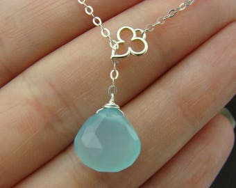 Aqua Blue Chalcedony Sterling Silver Lariat Necklace  Gift