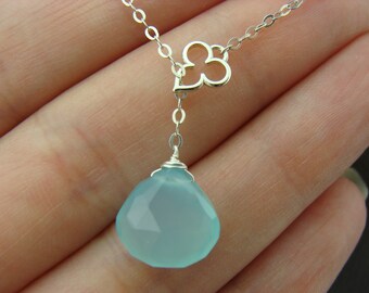 Aqua Blau Chalcedon Lariat Halskette · 925 Sterling Silber