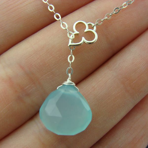 Aqua Blue Chalcedony Sterling Silver Lariat Necklace  Gift