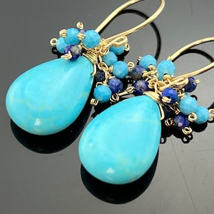 Turquoise & Lapis Lazuli Cluster Earrings • 14K Gold Filled or 925 Sterling Silver • Blue Gemstone Jewelry Gift for Her