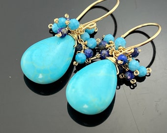 Turquoise and Lapis Lazuli 14K Gold Filled or 925 Sterling Silver Cluster Earrings  Gift