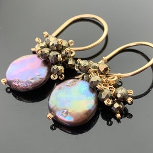 Pyrite & Peacock Coin Pearl Cluster Earrings · 14K Gold Filled or 925 Sterling Silver · Elegant Handmade Jewelry · Gift for Her