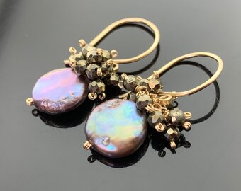Pyrite & Peacock Coin Pearl Cluster Earrings · 14K Gold Filled or 925 Sterling Silver