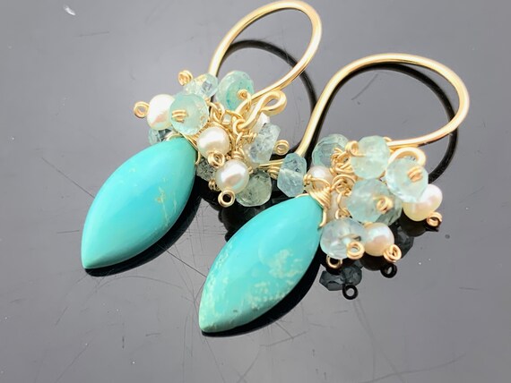 Sleeping Beauty Turquoise · Aquamarine & Freshwater Pearls · 14K Gold Filled Earrings · Ocean Gem Gift · Handmade for Her