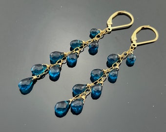 Genuine London Blue Topaz Cascade 14K Gold Filled Dangle Leverback Earrings