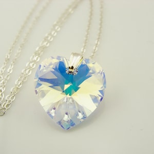 Swarovski Crystal AB Heart Pendant Necklace · 925 Sterling Silver · Iridescent Sparkle · Gift for Her · Dainty Bridal Jewelry