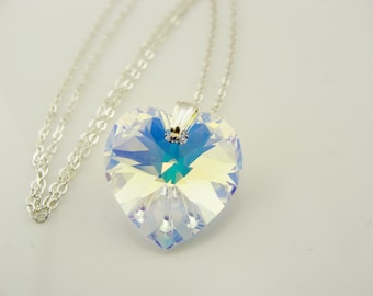 Colar com pingente de coração em cristal Swarovski AB · Prata de lei 925 · Brilho iridescente · Presente para ela · Joia delicada para noivas