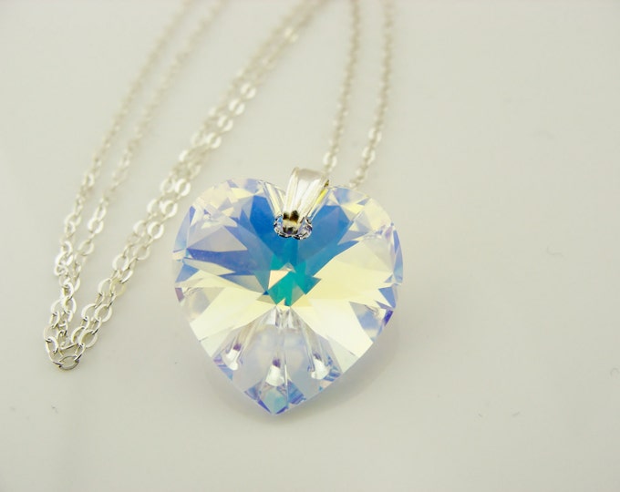 Swarovski Crystal AB Sterling Silver Heart Pendant Necklace  Gift