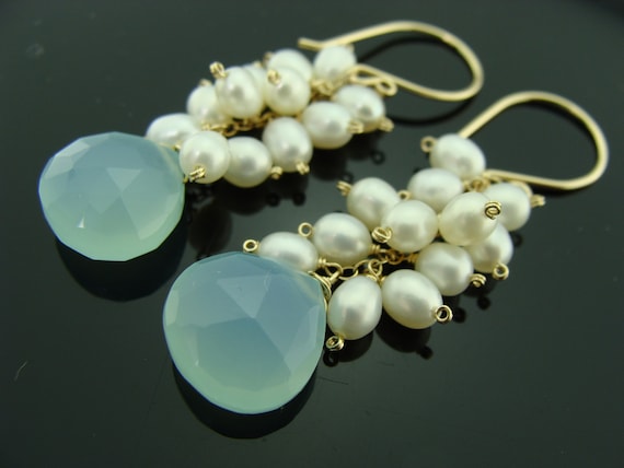 Aqua Blue Chalcedony Pearl Cluster Earrings • 14K Gold Filled Sterling Silver Dangle Jewelry