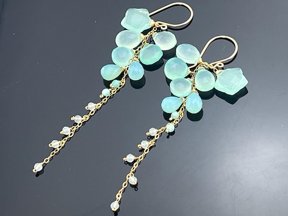 Aqua Blue Chalcedony Cascade Earrings · 14K Gold Filled · Long Gemstone Earrings · Boho Jewelry
