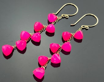 Hot Pink Chalcedony Trillion Cascade 14K Gold Filled Earrings  Gift