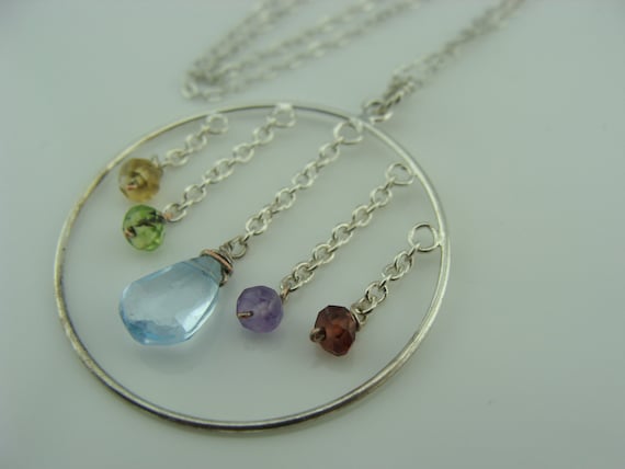 Long Multi Gemstone Blue Topaz Dream Catcher Necklace · 925 Sterling Silver · Boho Jewelry